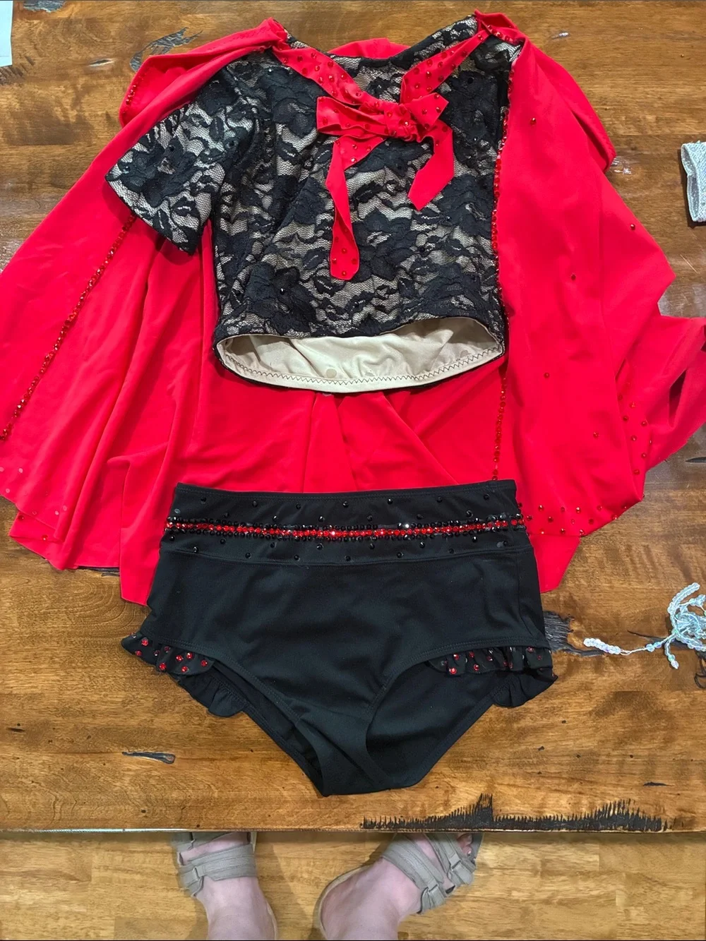 Red & Black Lace Dance Set, hooded cape, with Shorts all custom rhinestoned